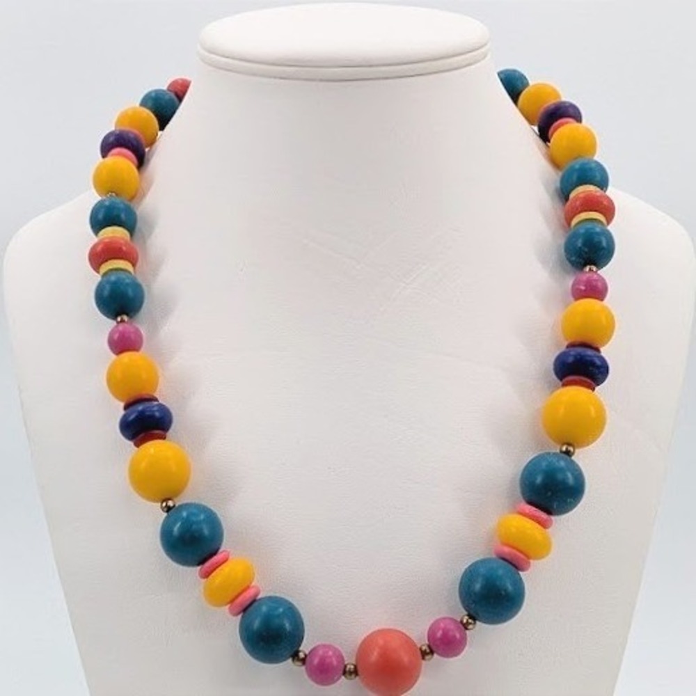 Vintage Chunky Colorful‎ Plastic Bead Necklace Rainbow Mod Pop Art MCM